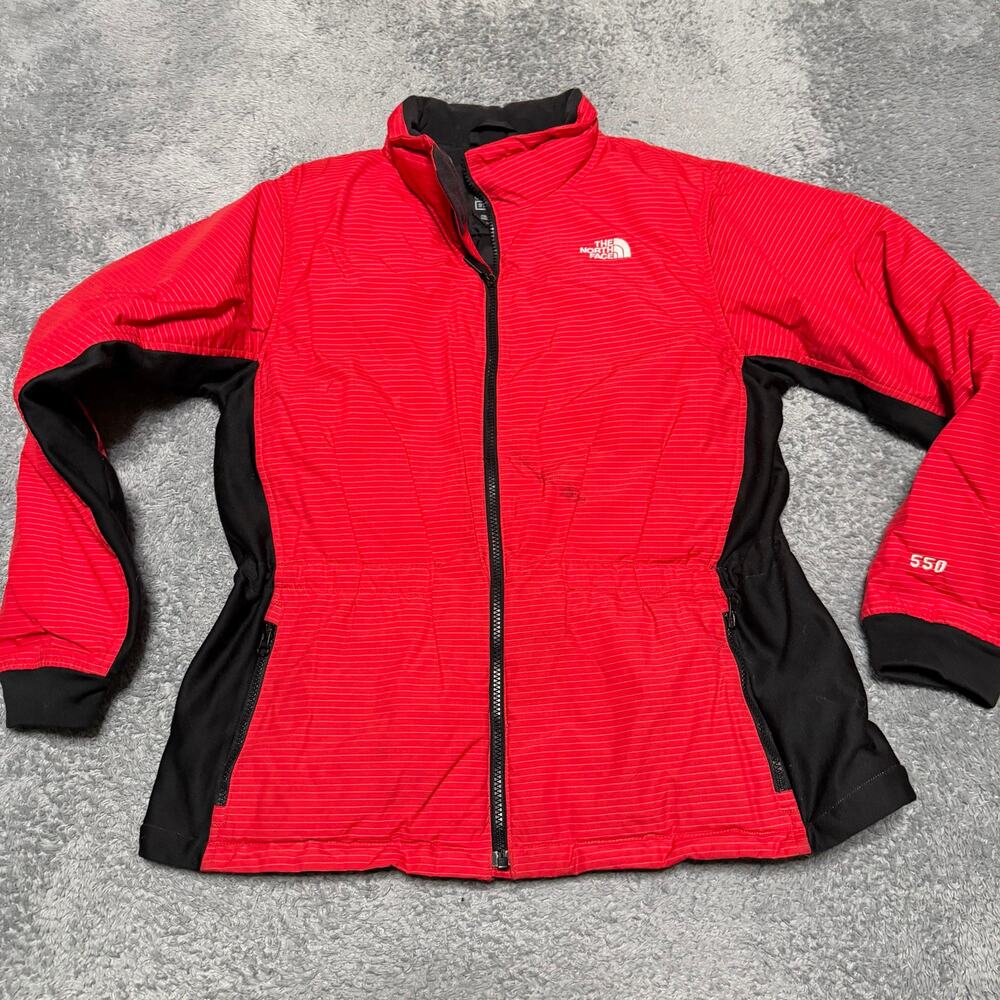 The North Face Steep Tech 550 Goose Down Jacket Coat Womens XL Red Stripe Winter